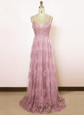pink  lace long party dress