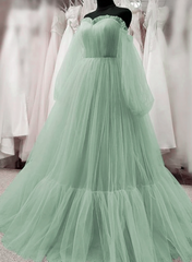Light Green Puffy Sleeves Tulle Long Formal Dress, Light Green Prom Dress