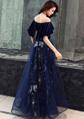 Elegant Velvet Bodice Tulle Long Formal Dress, Navy Blue Party Dress