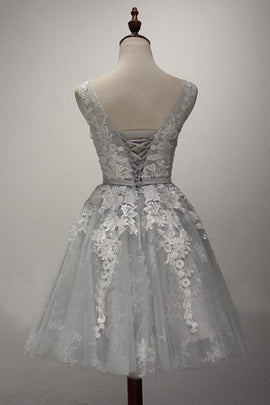 Adorable Tulle Short Lace Applique Graduation Dress, Grey Homecoming Dress