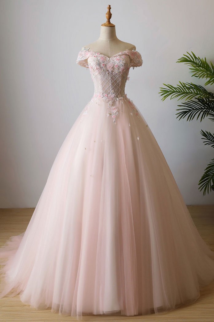 Lovely Light Pink Sweetheart Flowers Tulle Party Dress, Pink Prom Dress