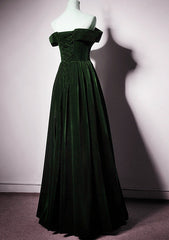 Beautiful Green Off Shoulder A-line Velvet Long Party Dress, Green Bridesmaid Dress