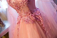 Pink Tulle Sweet 16 Party Dress with Lace Applique, Long Formal Gown