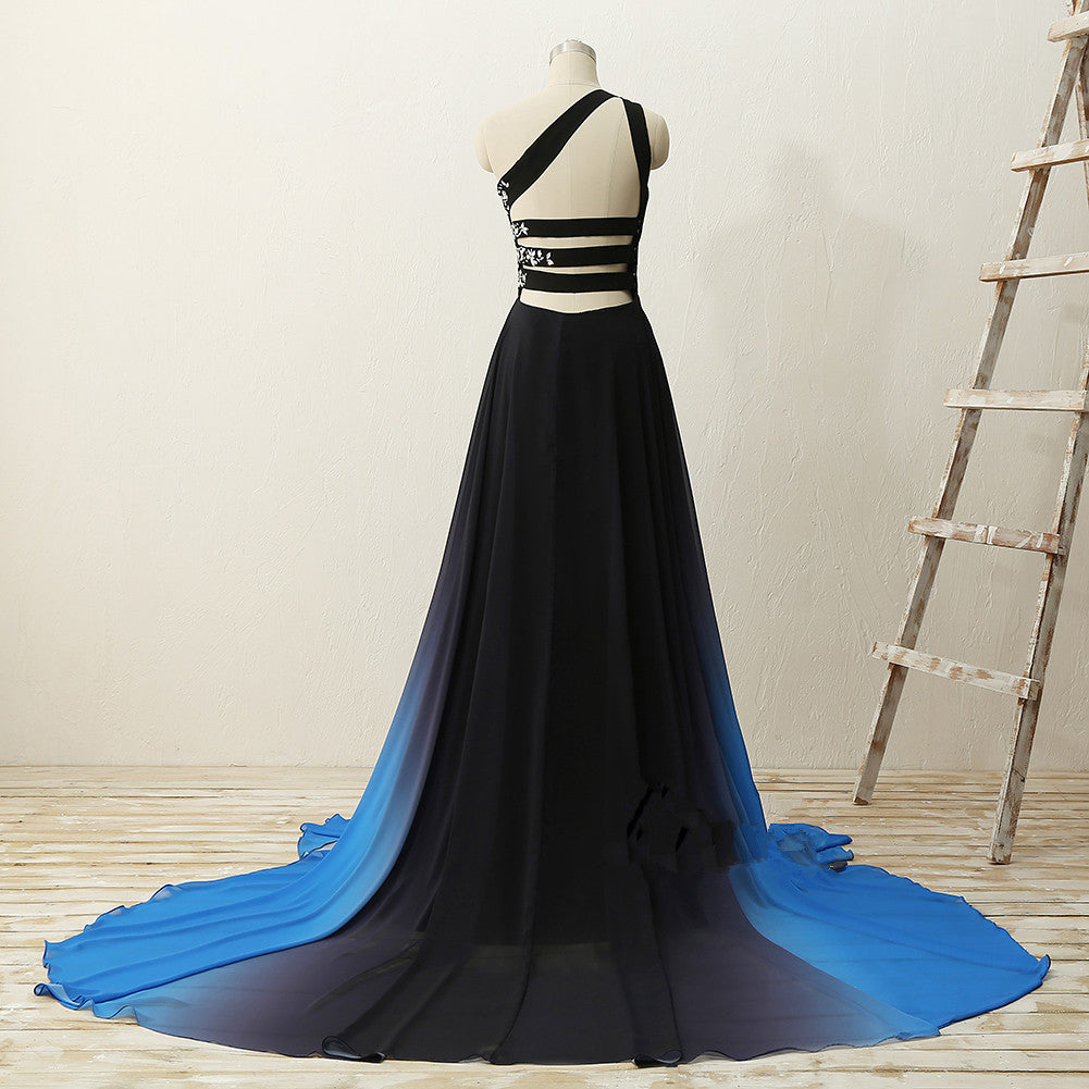 One Shoulder Beaded Chiffon Gradient Long Party Dress, Blue Formal Dress, Prom Dress