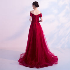 Beautiful Wine Red Lace Off Shoulder Party Dress, Burgundy Prom Dress