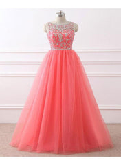 Coral Beaded Long Formal Gowns, Tulle Prom Dress, Party Dress