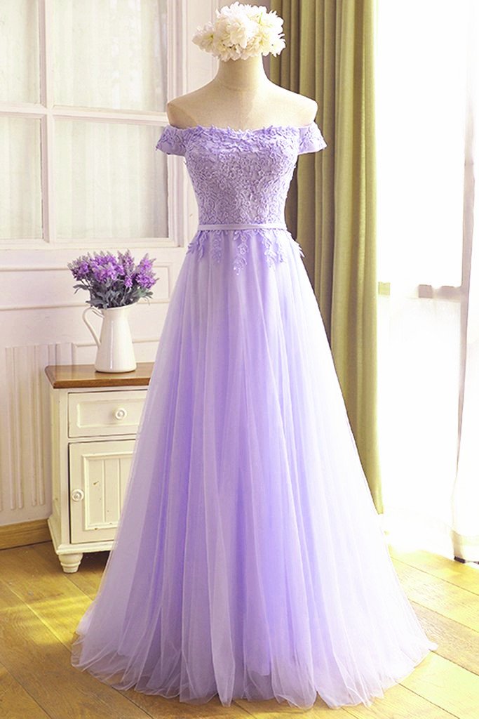 Bridal Party Bridesmaid Dresses Light Purple Beautiful Lavender Tulle Off Shoulder Party Dress, Light Purple Bridal Party Bridesmaid Dresses Light Purple Beautiful Lavender Tulle Off Shoulder Party Dress, Light Purple
