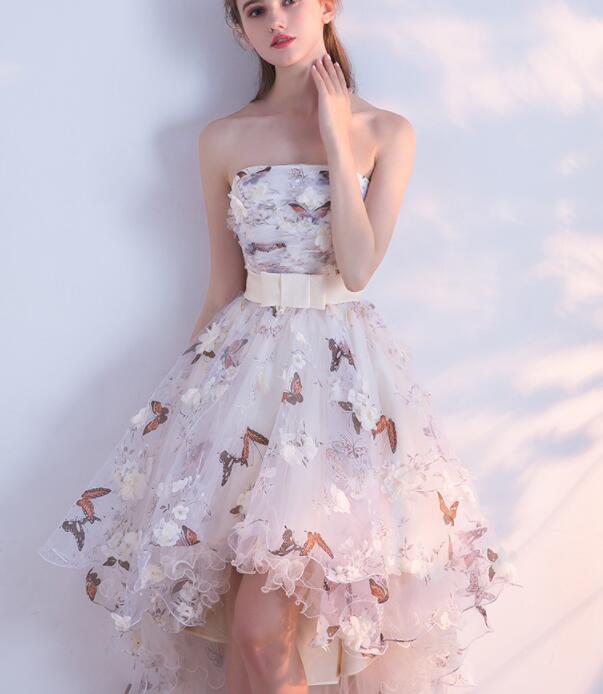 Adorable High Low Tulle Off Shoulder Flowers Party Dress, Cute Homecoming Dress