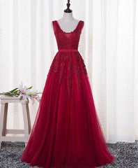 Charming Wine Red Bridesmaid Dress, Lace V-neckline Party Gown