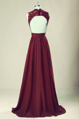 Wine Red Lace Applique Backless Long Bridesmaid Dress, Elegant Party Dress, Beautiful Prom Dress