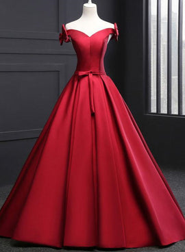 Beautiful Wine Red Satin Long Party Gown, Off Shoulder Prom Dress with Bow