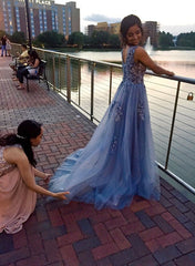 Blue-Grey Tulle with Flowers Long Party Gowns, Formal Dresses, A-line Prom Gowns