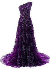 Dark Purple One Shoulder Lace Applique Prom Dress , Long Formal Gown
