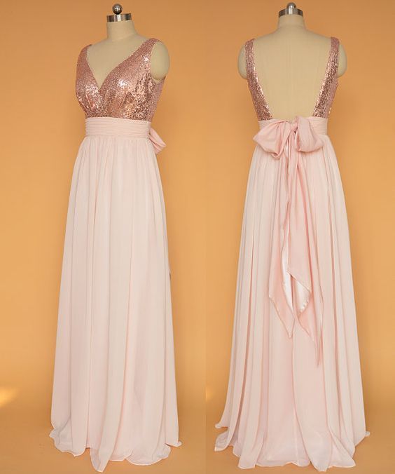 Sequins Backless Chiffon Skirt Long Bridesmaid Dresses, Bridesmaid Dress with Bow, Lovely Party Dresses