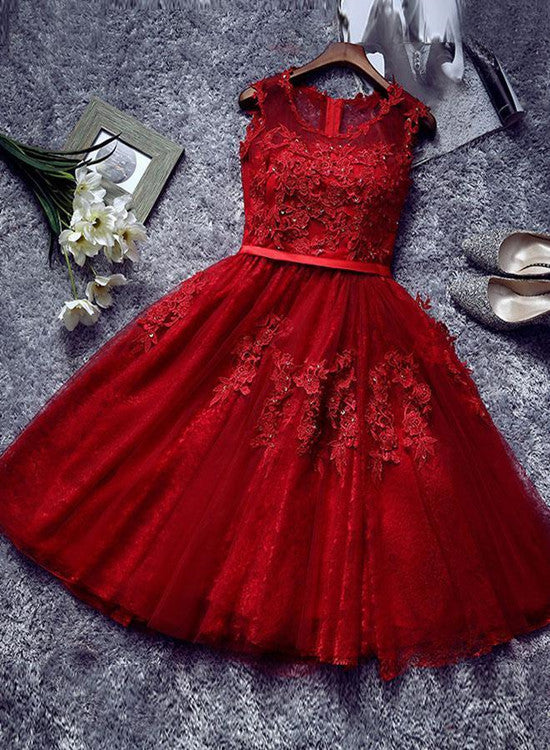 Adorable Tulle Round Neckline Tulle Party Dress with Applique, Wine Red Prom Dress