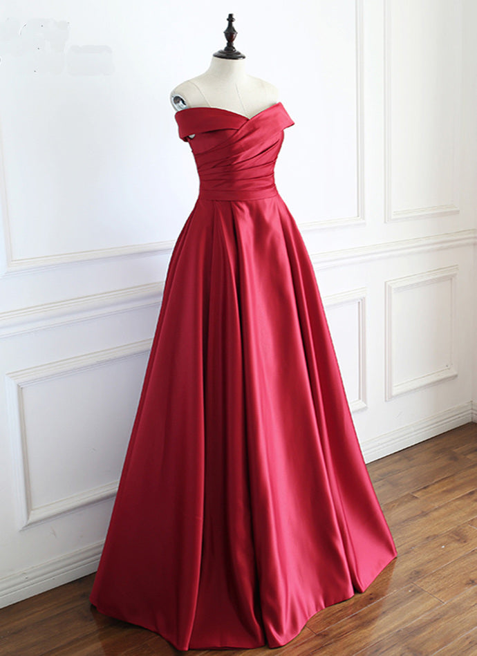 Wine Red A-line Satin Floor Length Party Dress, Wine Red Strapless Long Prom Dress