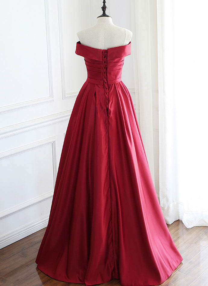 Wine Red Satin Floor Length Party Dress, A-line Off Shoulder Prom Dress