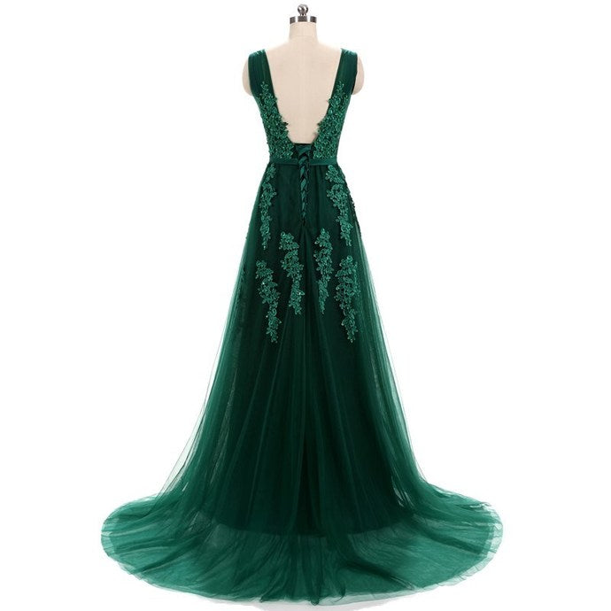 Beautiful Dark Green V-neckline Backless Party Dress, Tulle Formal Dress Bridesmaid Dress