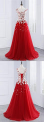 White and Red Tulle Long Formal Gowns, Red Party Dresses, Red Prom Dresses