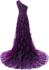 Dark Purple One Shoulder Lace Applique Prom Dress , Long Formal Gown