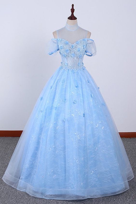 Light Blue Lace High Neck Lace Applique Ball Gown, Lace Sweet 16 Dress Cutedressy Light Blue Lace High Neck Lace Applique Ball Gown, Lace Sweet 16 Dress Cutedressy