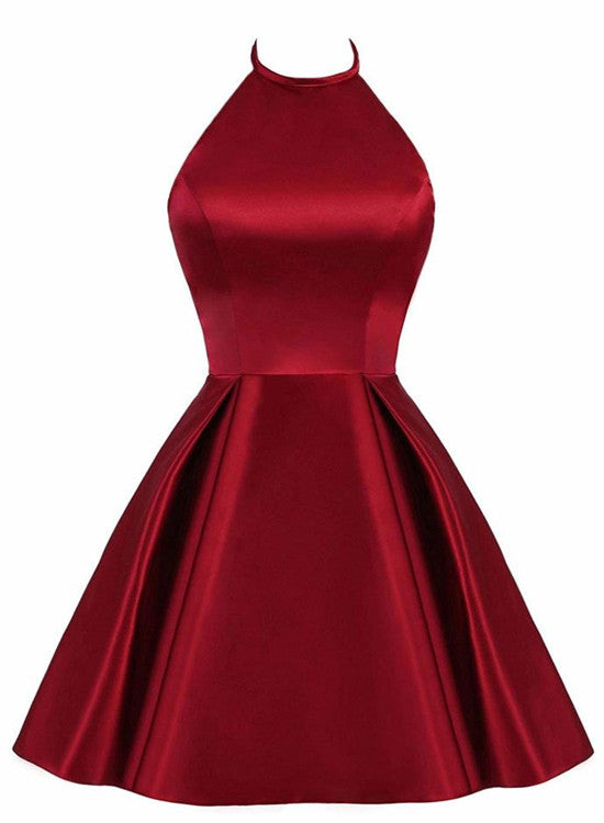 Beautiful Wine Red Halter Knee Length Homecoming Dress, Satin Short Prom Dress