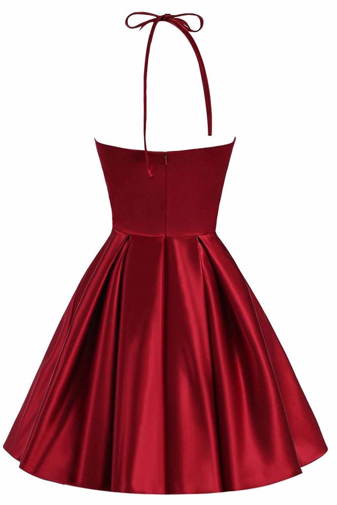 Beautiful Wine Red Halter Knee Length Homecoming Dress, Satin