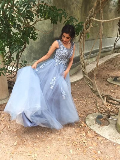 Blue-Grey Tulle with Flowers Long Party Gowns, Formal Dresses, A-line Prom Gowns
