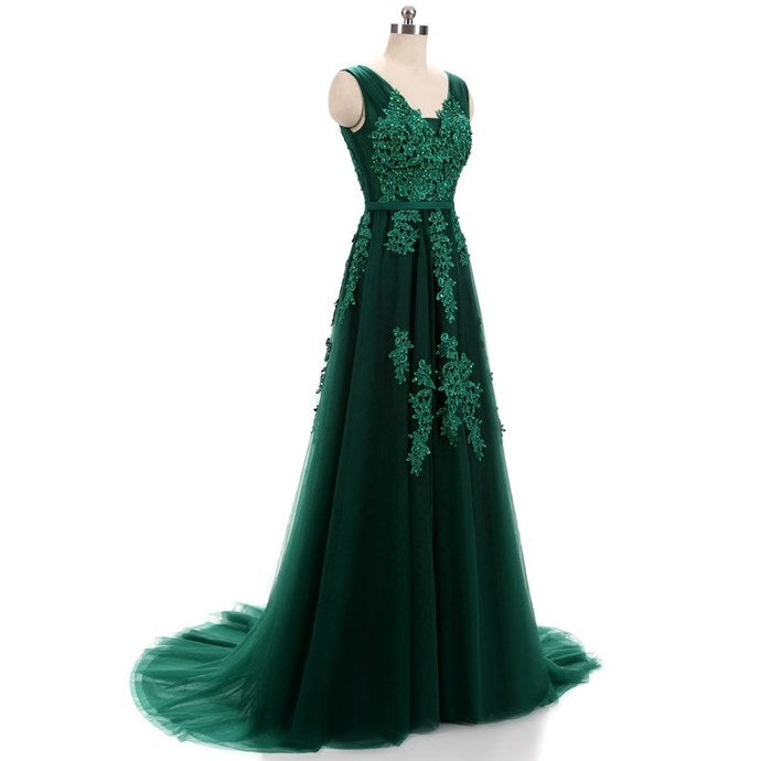 Beautiful Dark Green V-neckline Backless Party Dress, Tulle Formal Dre Cutedressy Beautiful Dark Green V-neckline Backless Party Dress, Tulle Formal Dre Cutedressy