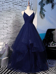 Beautiful Navy Blue Tulle V-neckline Straps Long Party Dress, Blue Formal Gown
