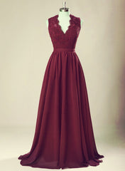 Wine Red Lace Applique Backless Long Bridesmaid Dress, Elegant Party Dress, Beautiful Prom Dress