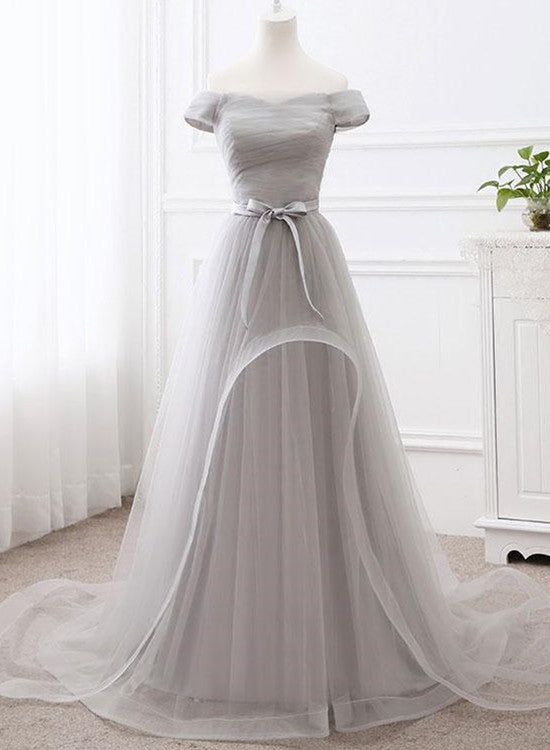 Grey Off Shoulder Tulle Long Party Dress, Grey Tulle Gowns, Formal Dress