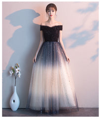 Beautiful Black Off Shoulder Tulle Gradient Long Party Gown, Long Prom Dress