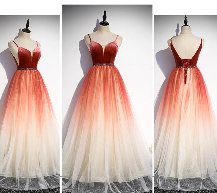 Beautiful Red Velvet and Gradient Tulle Beaded Party Dress, Straps Long Formal Gown