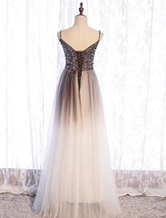 Gradient Tulle Beaded Long Party Dress, A-line Tulle Straps Formal Dress