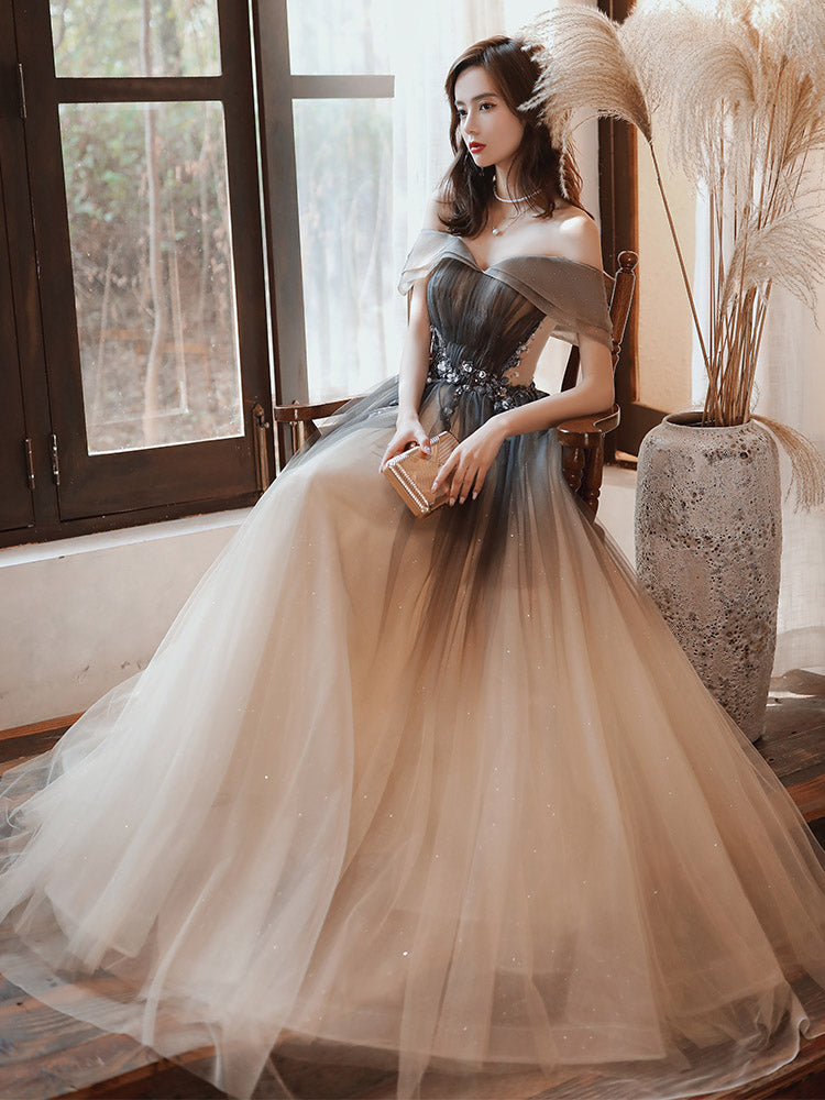 Beautiful Gradient Off Shoulder Tulle Long Party Dress, Sweetheart Prom Dress, Formal Dress