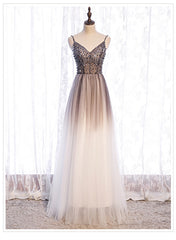 Gradient Tulle Beaded Long Party Dress, A-line Tulle Straps Formal Dress