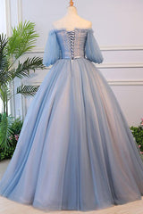 Blue Tulle Floral Off Shoulder Princess Formal Dress, Blue Sweet 16 Dress, Prom Dress