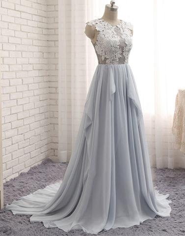 Beautiful Light Blue-Grey Chiffon Round Neckline Lace Elegant Formal Gowns, Prom Dresses, Chiffon Party Dresses
