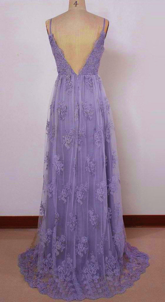 Beautiful Light Purple Straps with Lace Elegant Party Dress, Tulle Evening Gowns