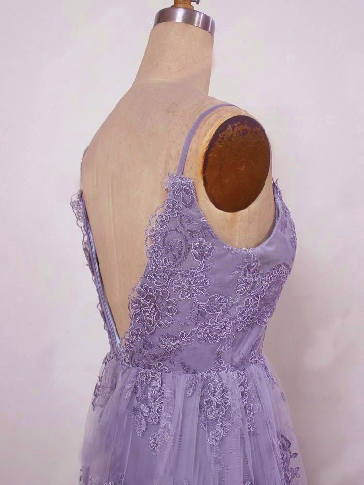 Beautiful Light Purple Straps with Lace Elegant Party Dress, Tulle Evening Gowns