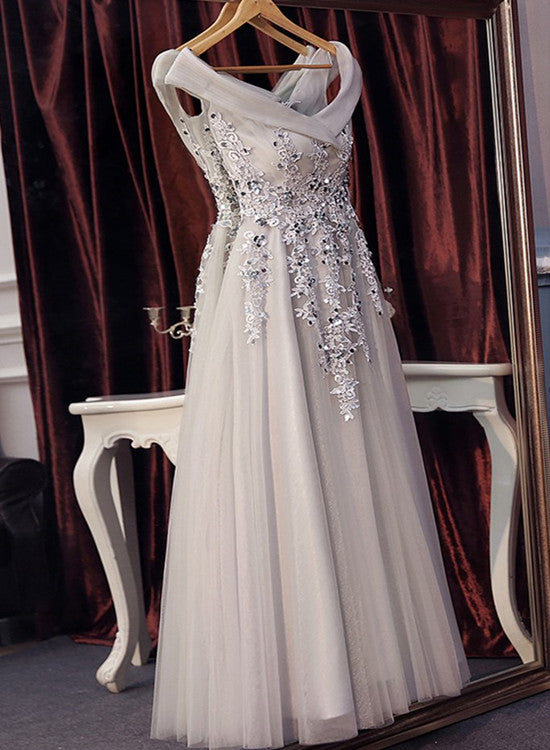 Beautiful Off Shoulder Grey V-neckline Prom Dress with Lace Applique, Grey Party Dresses