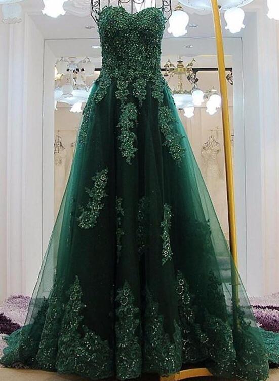 Charming Green Applique and Beaded Tulle Princess Gowns, Green Formal Dresses, Junior Prom Dress