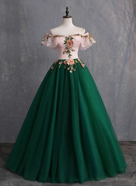 Green Puffy Tulle with Pink Floral Top Evening Dress Party Dress, Green Off Shoulder Prom Dress