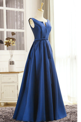 High Quality Navy Blue Satin Long Party Dress, Long Formal Dress