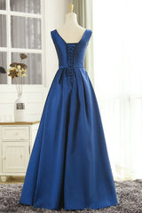 High Quality Navy Blue Satin Long Party Dress, Long Formal Dress