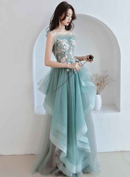 Unique A-line Long Straps Tulle Layers Green and Pink Evening Dress, Long Prom Dress Party Dress