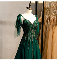 Elegant V-neckline Straps Tulle Long Junior Prom Dress, Green Prom Dress 2021