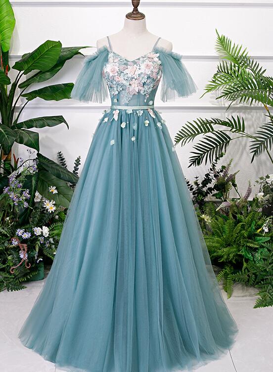 Beautiful Green Tulle Off Shoulder Party Dress, A-line Prom Dress with Flowers
