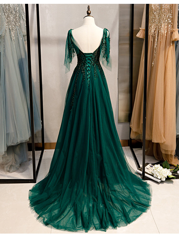 Elegant V-neckline Straps Tulle Long Junior Prom Dress, Green Prom Dress 2021